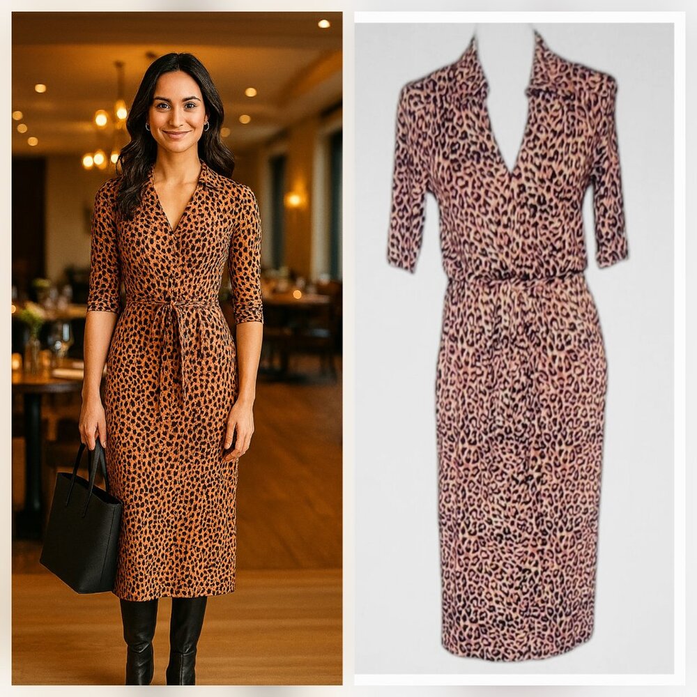 Nine & Co. Tanzania Jersey Knit Animal Print Midi Shirt Dress Packable NEW